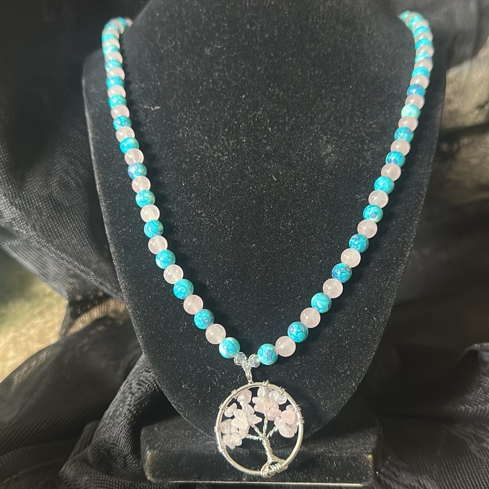 Candy Tree Necklace (Purple/ Blue Rain Flower Jade And Rose Quartz) - Picture 4 of 12